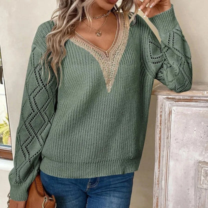 ÉLISE | Pull en Maille avec Col V et Motifs Ajourés